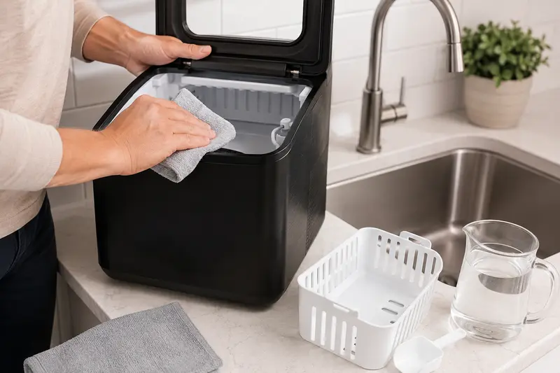 Hands cleaning a generic countertop nugget ice maker with the basket and scoop removed