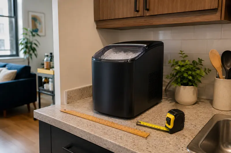 Generic countertop nugget ice maker beside measuring tools under kitchen cabinets