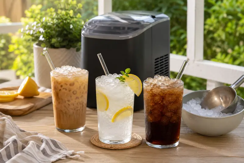 Iced coffee, citrus water, and cola filled with generic nugget ice beside an unbranded countertop appliance