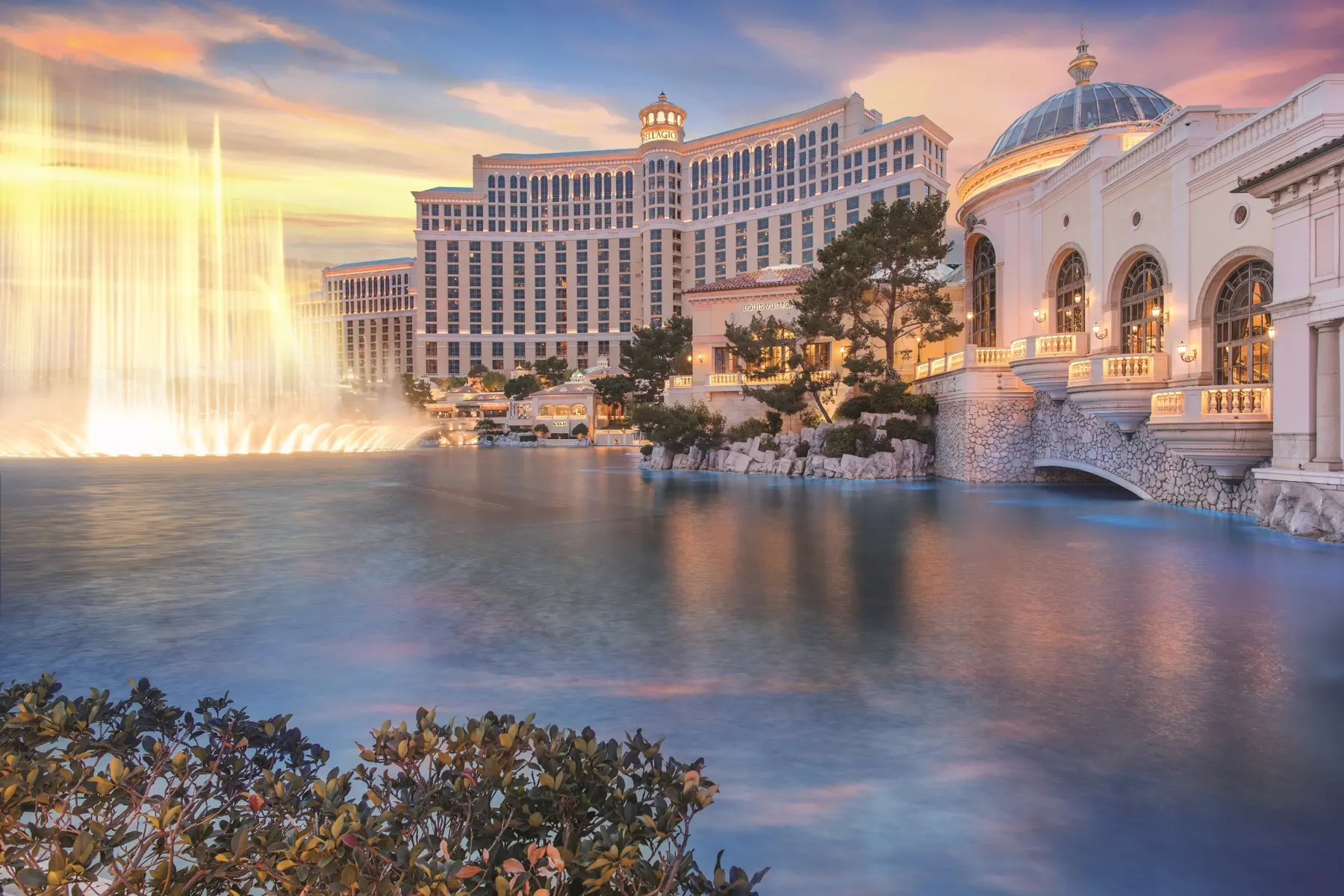 Bellagio fountains and resort at sunset