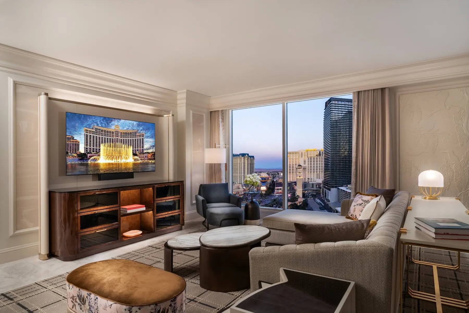 Elegant Bellagio suite with a view of the Las Vegas Strip