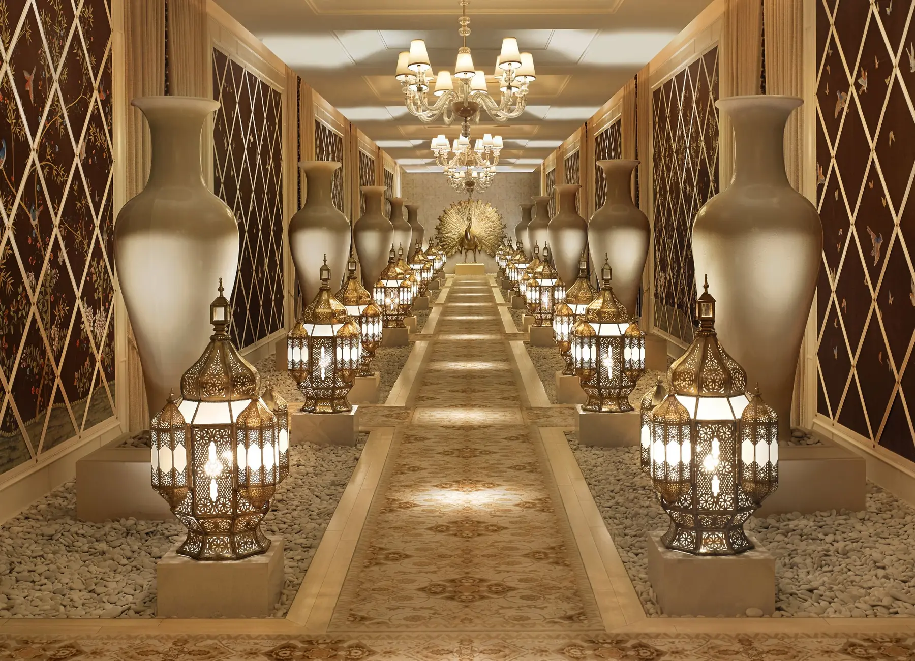 Ornate lantern-lined spa corridor at Encore