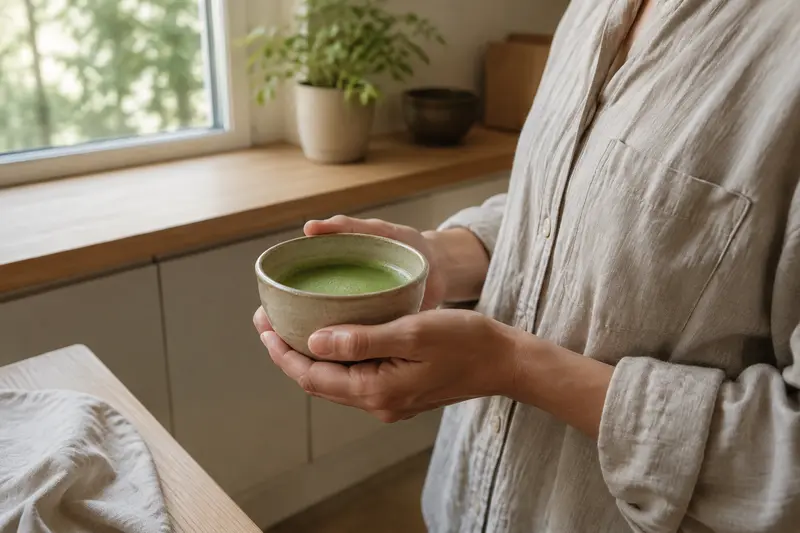 Adult holding a handmade bowl of generic matcha beside a bright kitchen window