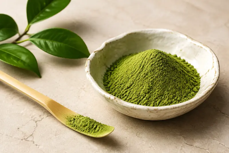 Close editorial view of generic matcha powder with a bamboo scoop and green leaves