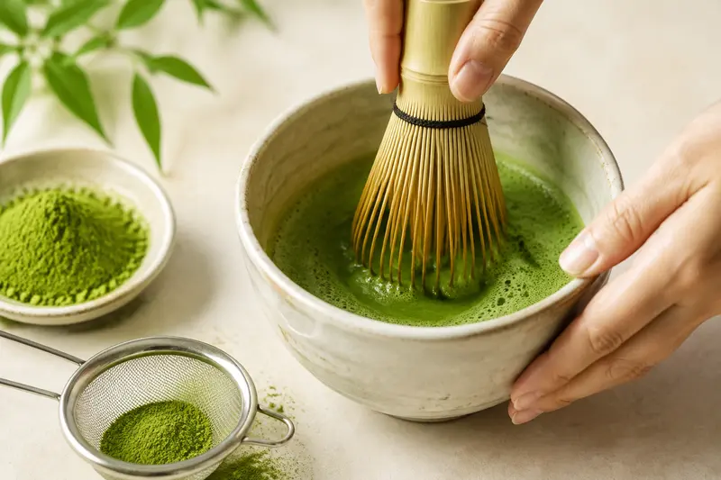 Hands whisking generic matcha in a ceramic bowl beside a sifter