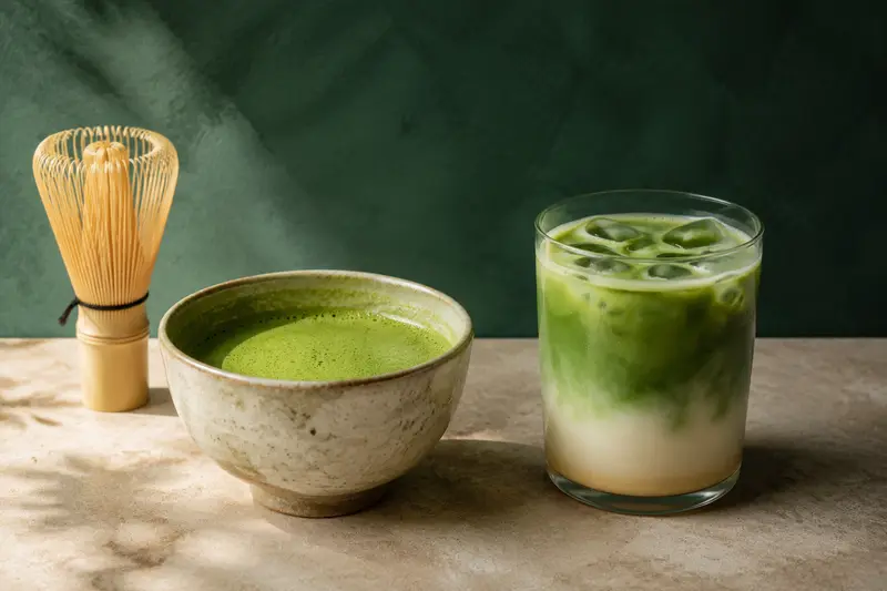 A generic bowl of straight matcha beside a glass of iced matcha latte