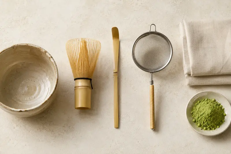 Overhead flat lay of a matcha bowl, bamboo whisk, scoop, sifter, linen, and generic matcha powder